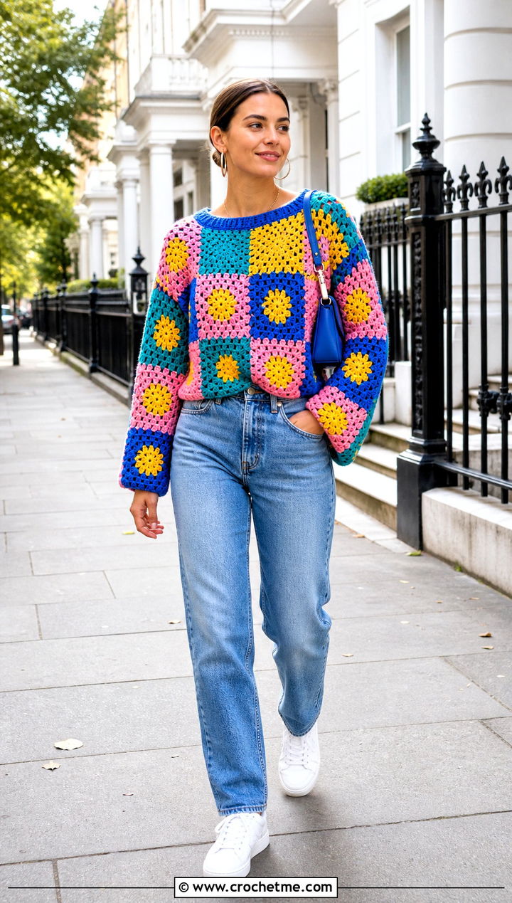 Granny Square Crochet Sweater With Straight Leg Jeans - 25 Fire Crochet Sweater outfit ideas