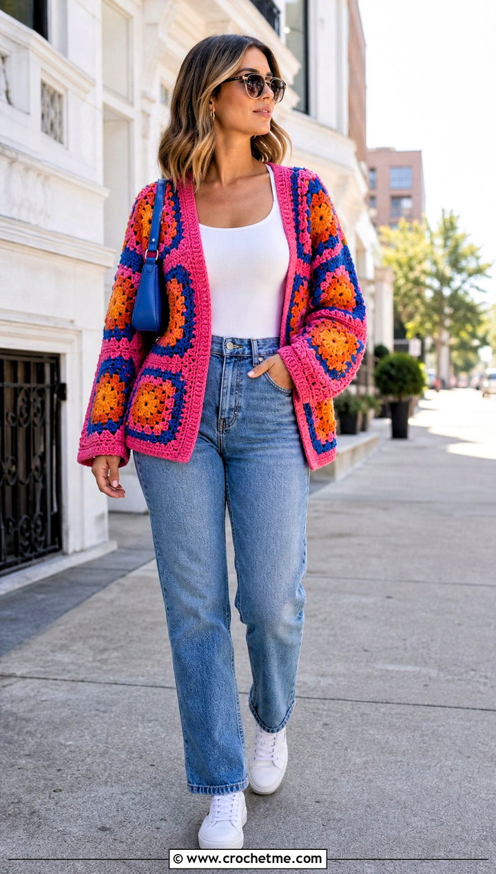Granny Square Crochet Sweater With Straight Leg Jeans - 25 Funky Crochet Sweater outfit ideas