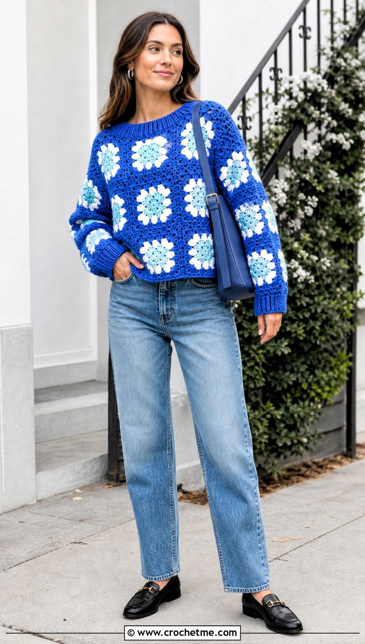 Granny Square Crochet Sweater With Straight Leg Jeans - 25 Patterned Crochet Sweater outfit ideas