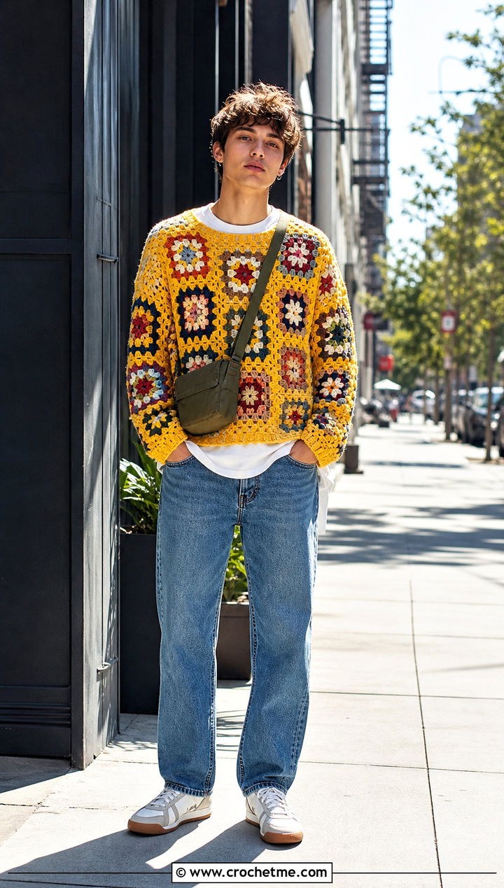 Granny Square Crochet Sweater With Straight Leg Jeans - 25 unisex crochet sweater outfit ideas