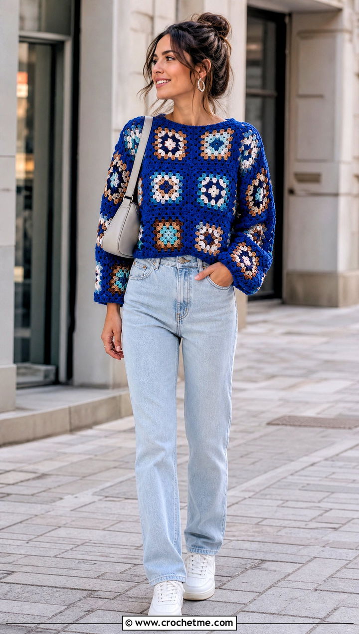 Granny Square Crochet Sweater With Straight Leg Jeans - 15 Crochet Sweater Aesthetic outfit ideas