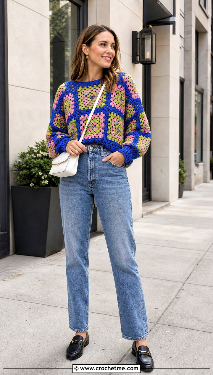 Granny Square Crochet Sweater With Straight Leg Jeans - 30 Crocheted Sweater Outfit ideas
