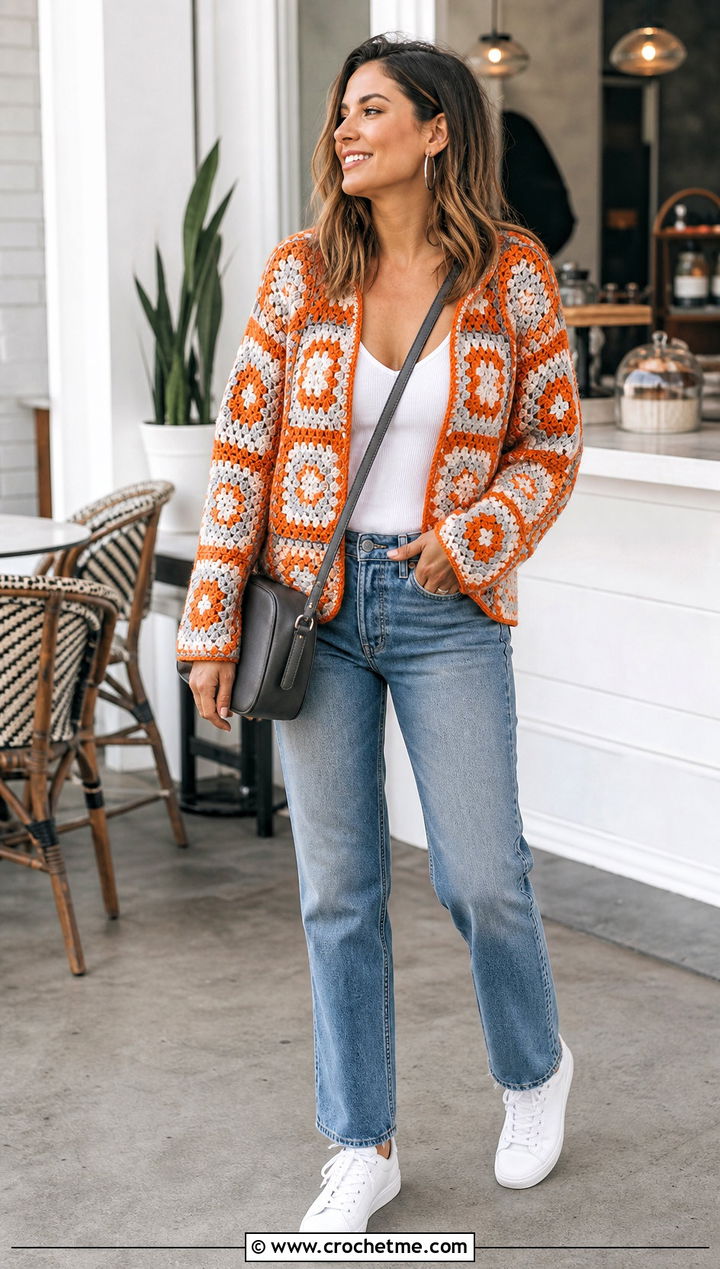 Granny Square Crochet Sweater With Straight Leg Jeans - 15 Orange And Gray Crochet Sweater outfit ideas