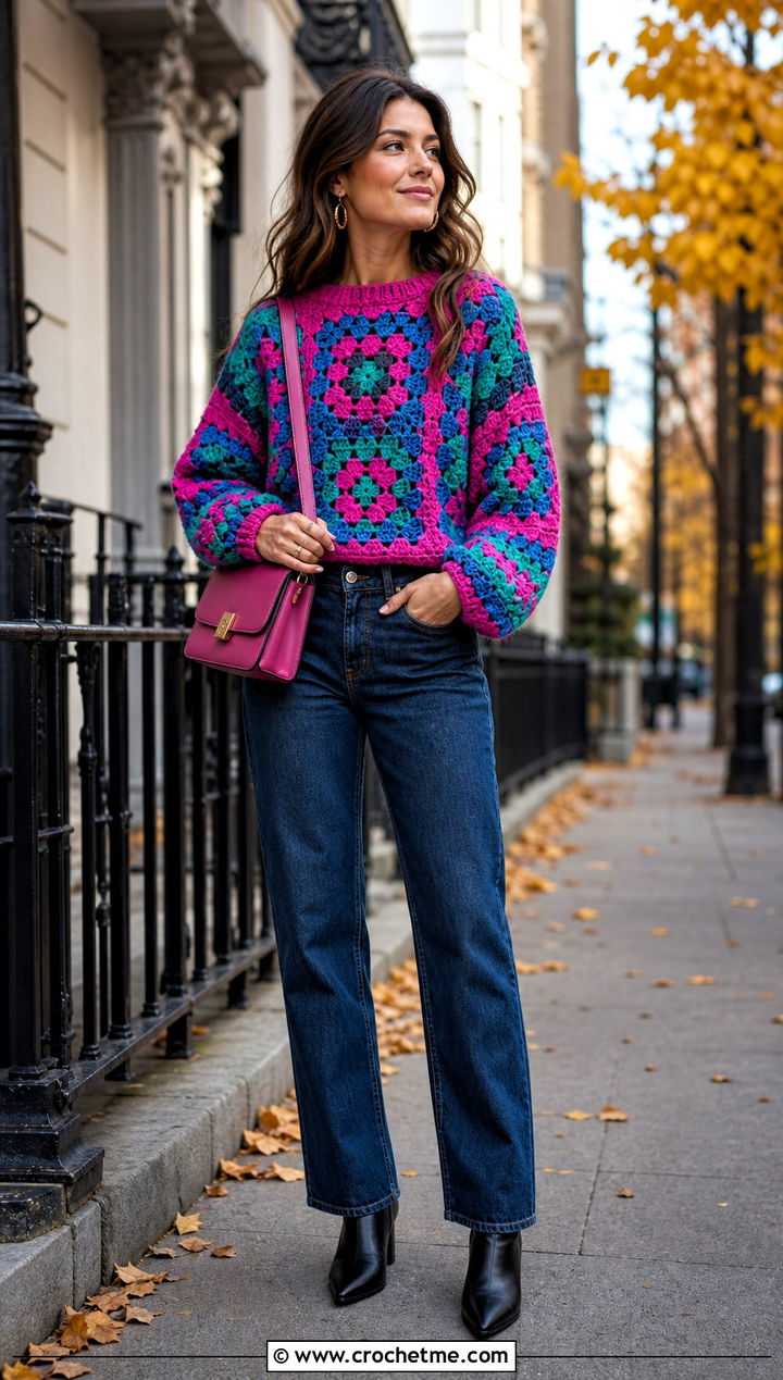 Granny Square Crochet Sweater With Straight Leg Jeans - 20 Autumn Crochet Sweater outfit ideas