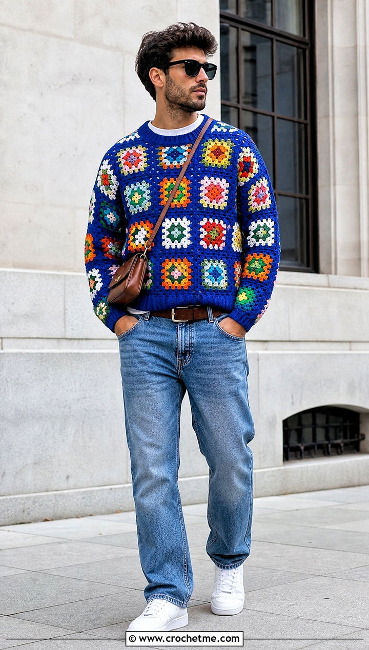 Granny Square Crochet Sweater With Straight Leg Jeans - 30 men's crochet sweater outfit ideas