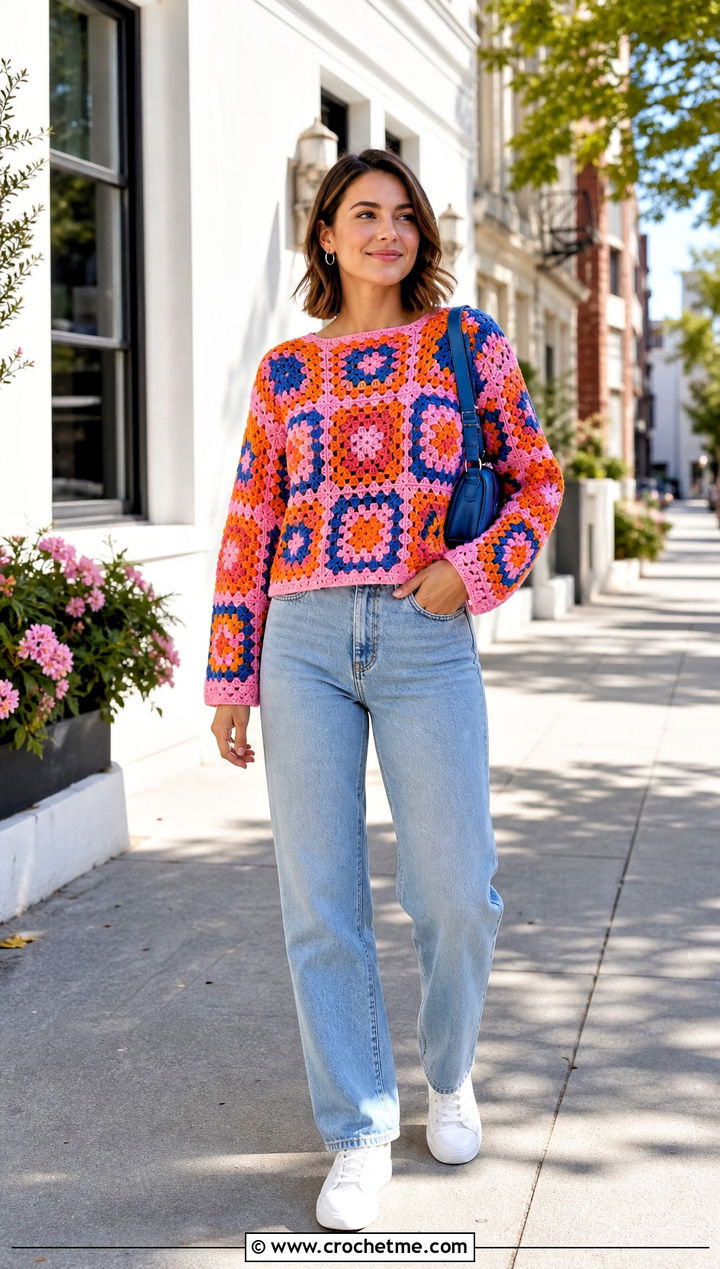 Granny Square Crochet Sweater With Straight Leg Jeans - 30 spring crochet sweater outfit ideas
