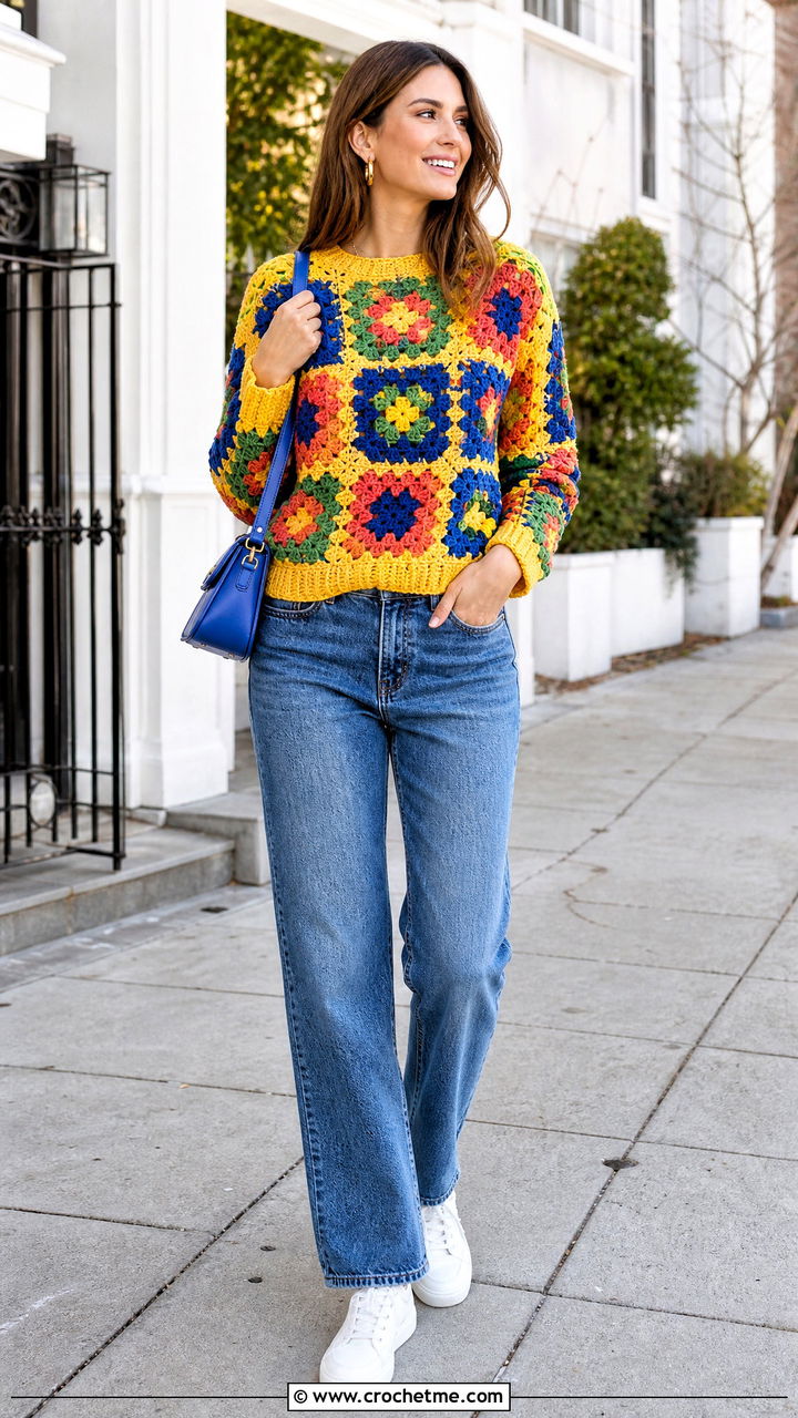 Granny Square Crochet Sweater With Straight Leg Jeans - 35 colorful crochet sweater outfit ideas