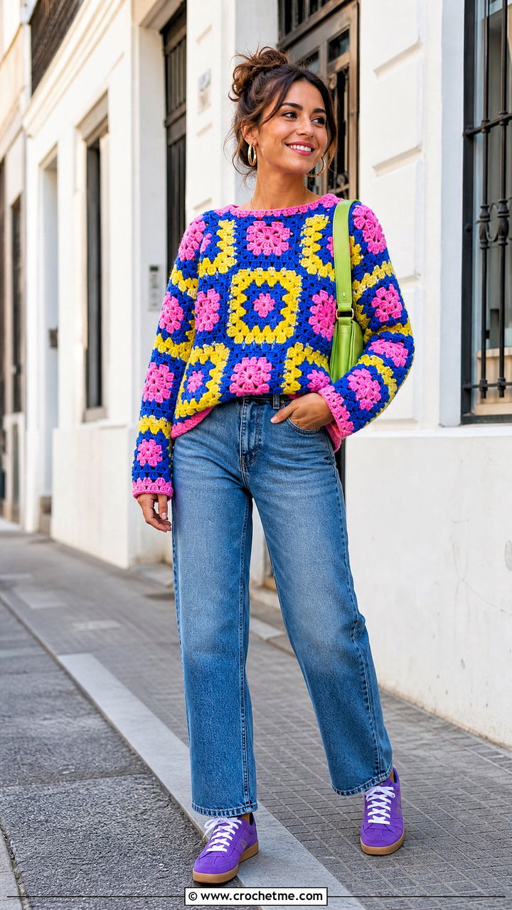 Granny Square Crochet Sweater With Straight Leg Jeans - 35 crochet sweater design outfit ideas