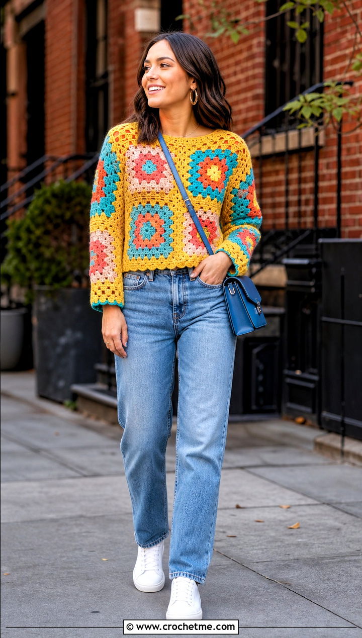 Granny Square Crochet Sweater With Straight Leg Jeans - 35 crochet sweater women outfit ideas