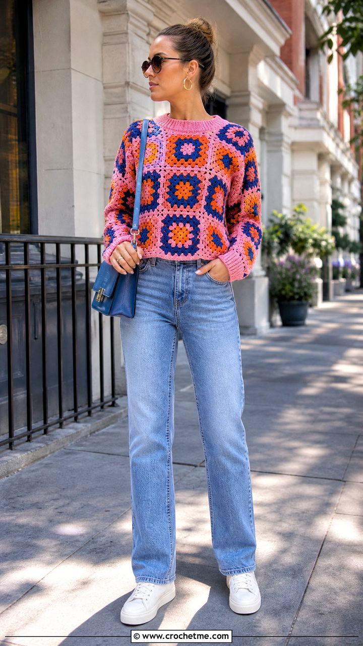 Granny Square Crochet Sweater With Straight Leg Jeans - 35 crochet sweaters women outfit ideas