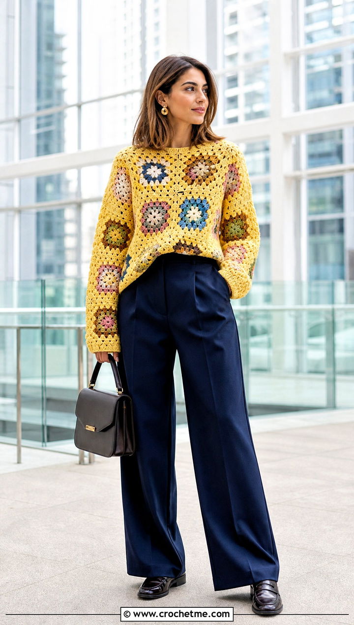 Granny Square Crochet Sweater With Tailored Trousers - 20 Easy Crochet Sweater For Women outfit ideas