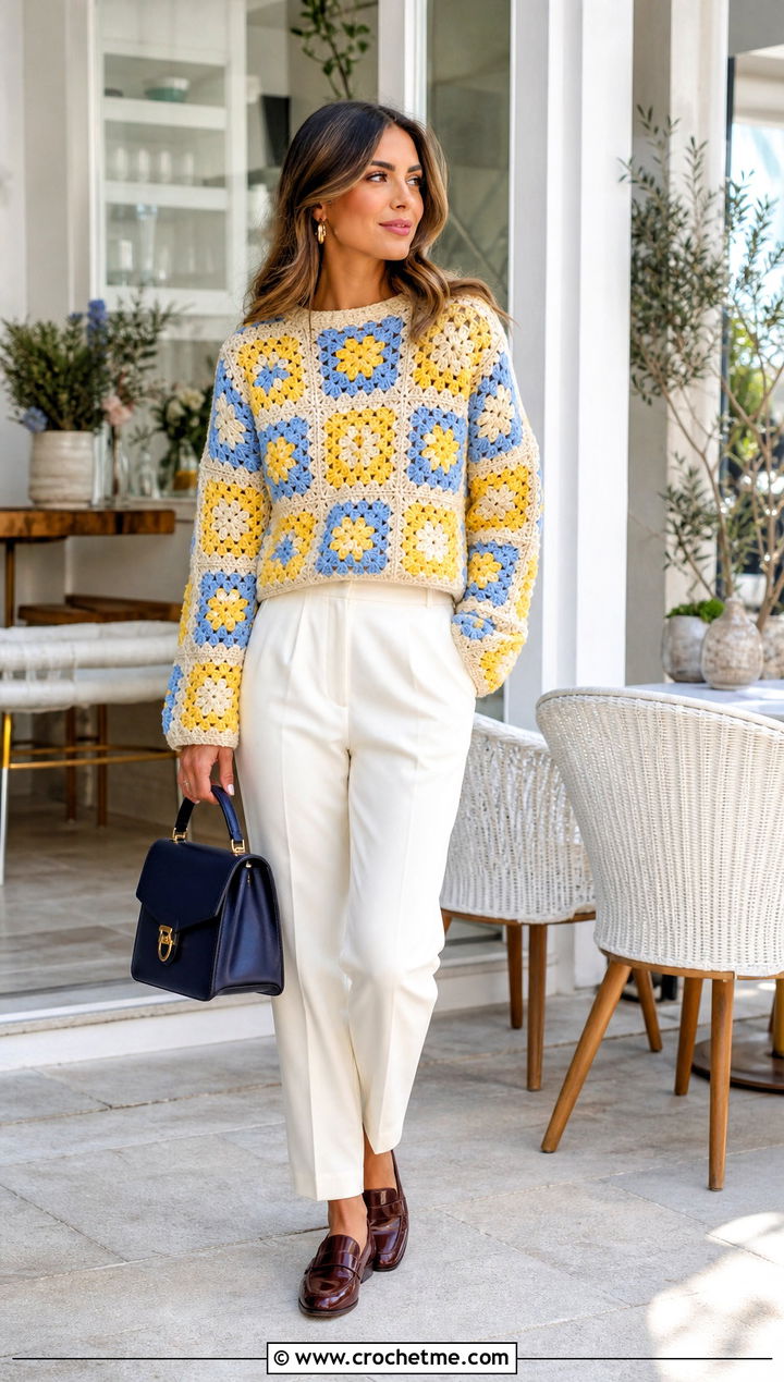 Granny Square Crochet Sweater With Tailored Trousers - 15 adult crochet sweater outfit ideas