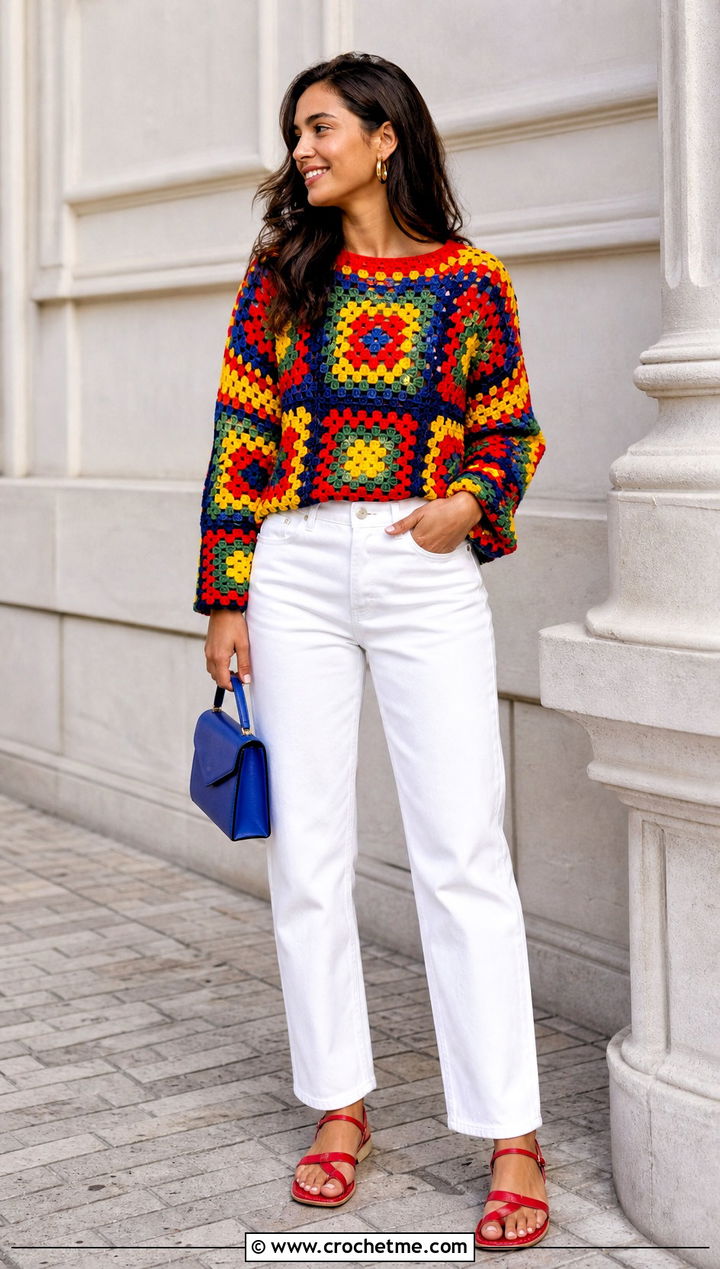 Granny Square Crochet Sweater With White Jeans - 15 Summer Style Crochet Sweater outfit ideas
