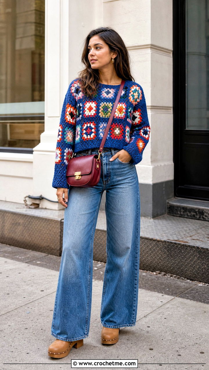 Granny Square Crochet Sweater With Wide Leg Jeans - 15 Bohemian Style Crochet Sweater outfit ideas