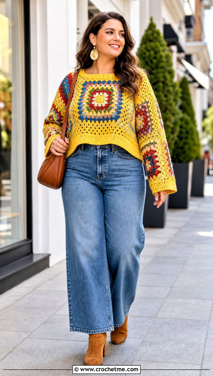 Granny Square Crochet Sweater With Wide Leg Jeans - 15 Boho Style Crochet Sweater outfit ideas