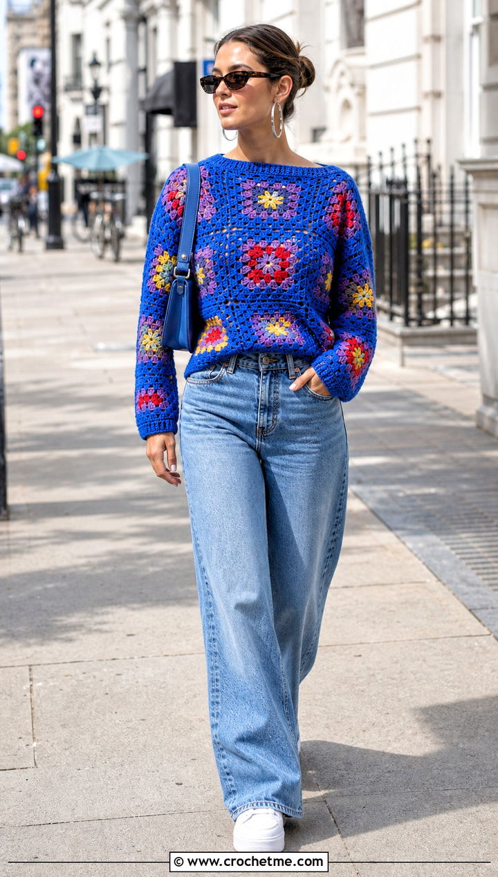 Granny Square Crochet Sweater With Wide Leg Jeans - 15 bright crochet sweater design outfit ideas
