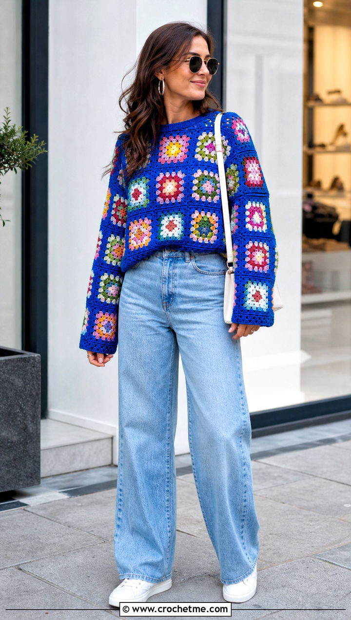 Granny Square Crochet Sweater With Wide Leg Jeans - 15 Customizable Crochet Sweater Design outfit ideas