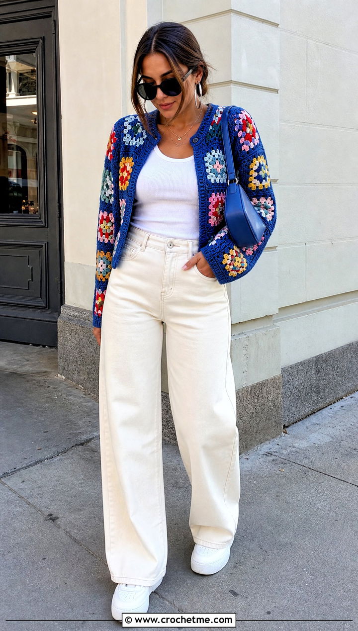 Granny Square Crochet Sweater With Wide Leg Jeans - 15 Soft Crochet Sweater outfit ideas