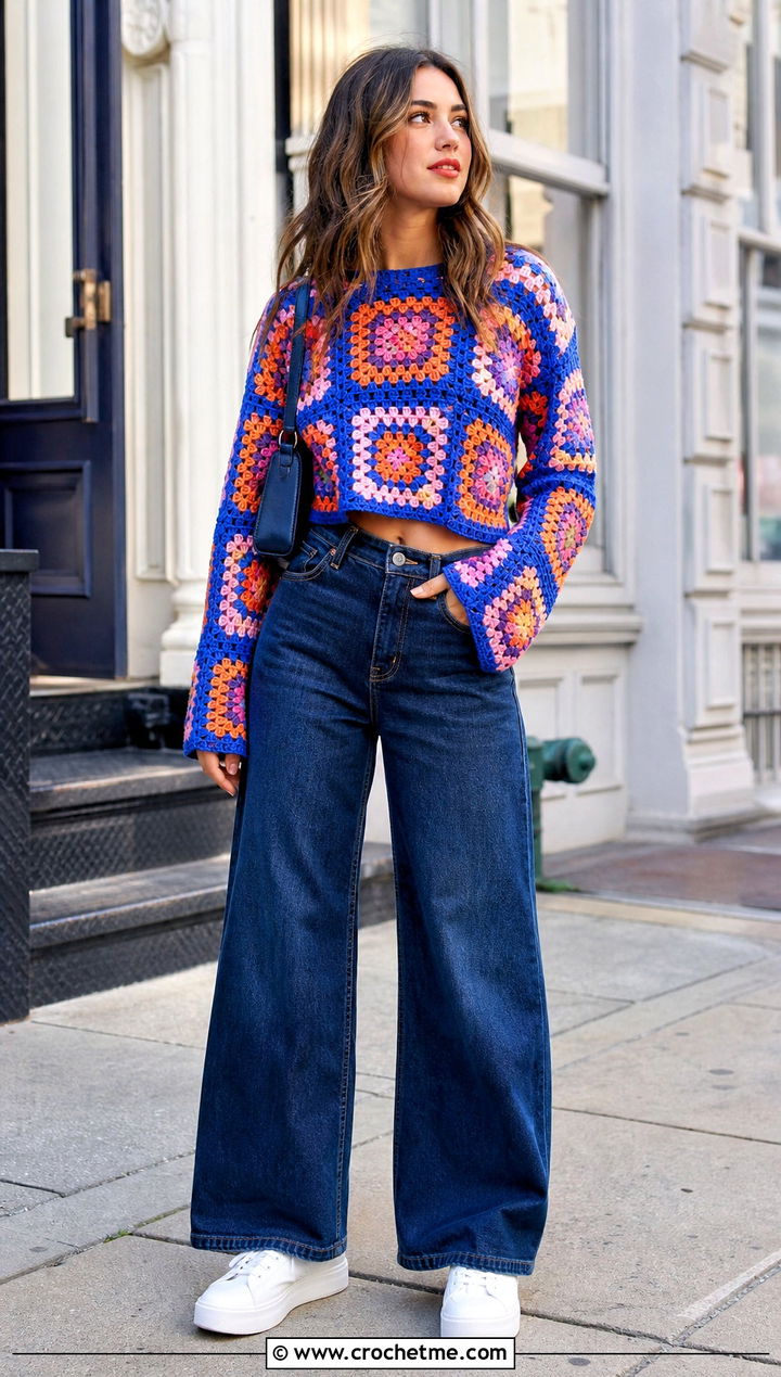 Granny Square Crochet Sweater With Wide Leg Jeans - 15 vibrant crochet sweater design outfit ideas