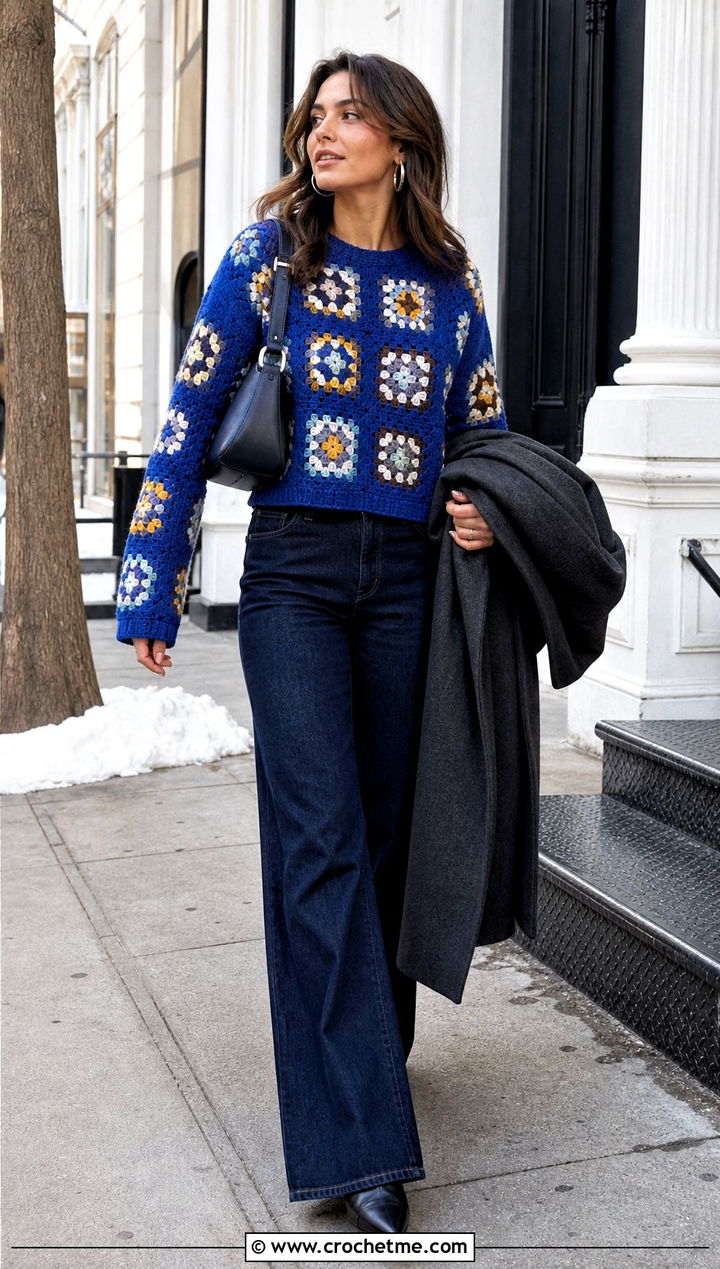 Granny Square Crochet Sweater With Wide Leg Jeans - 30 winter crochet sweater outfit ideas