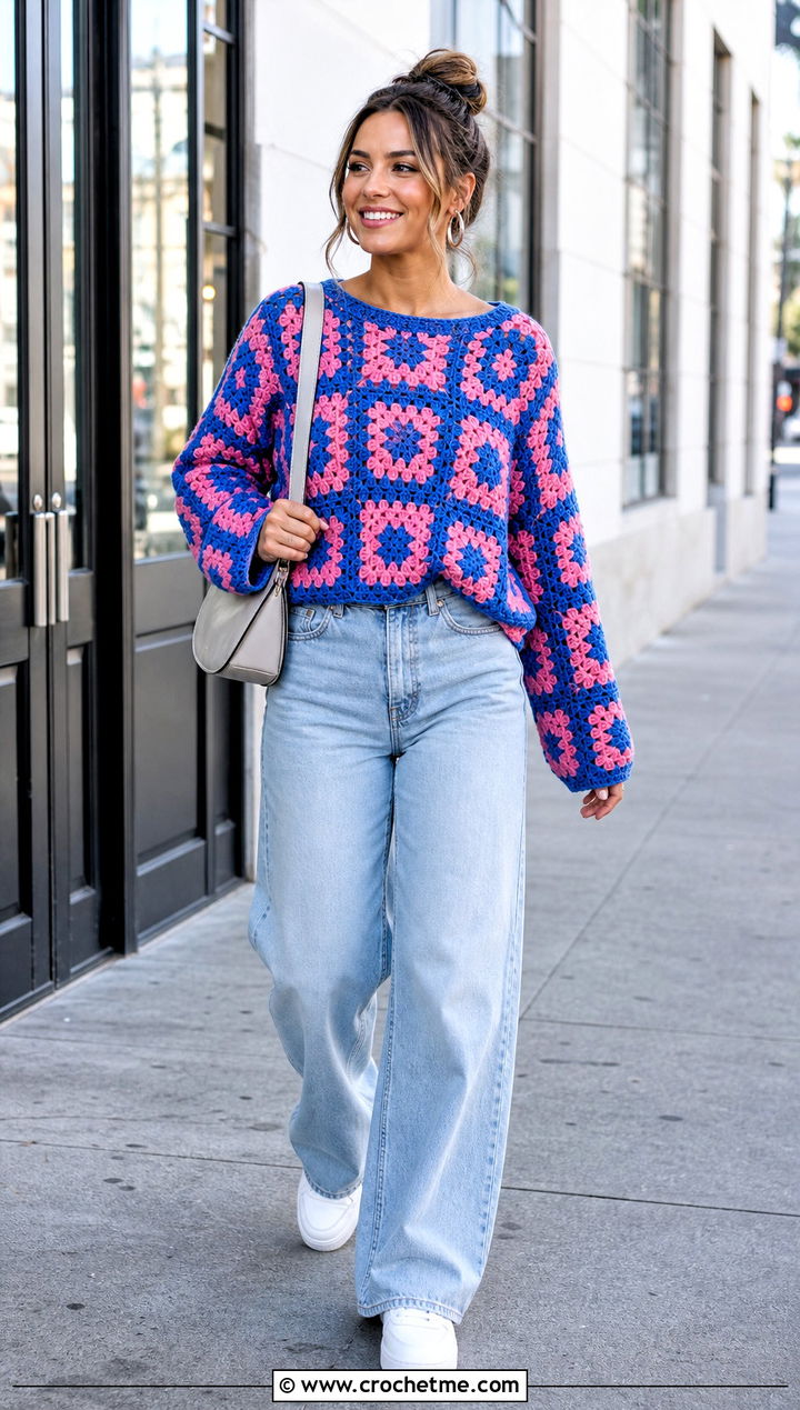 Granny Square Crochet Sweater With Wide Leg Jeans - 35 crochet sweater for women outfit ideas