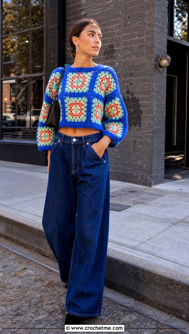 Granny Square Crochet Sweater With Wide Leg Jeans - 35 diy crochet sweater outfit ideas