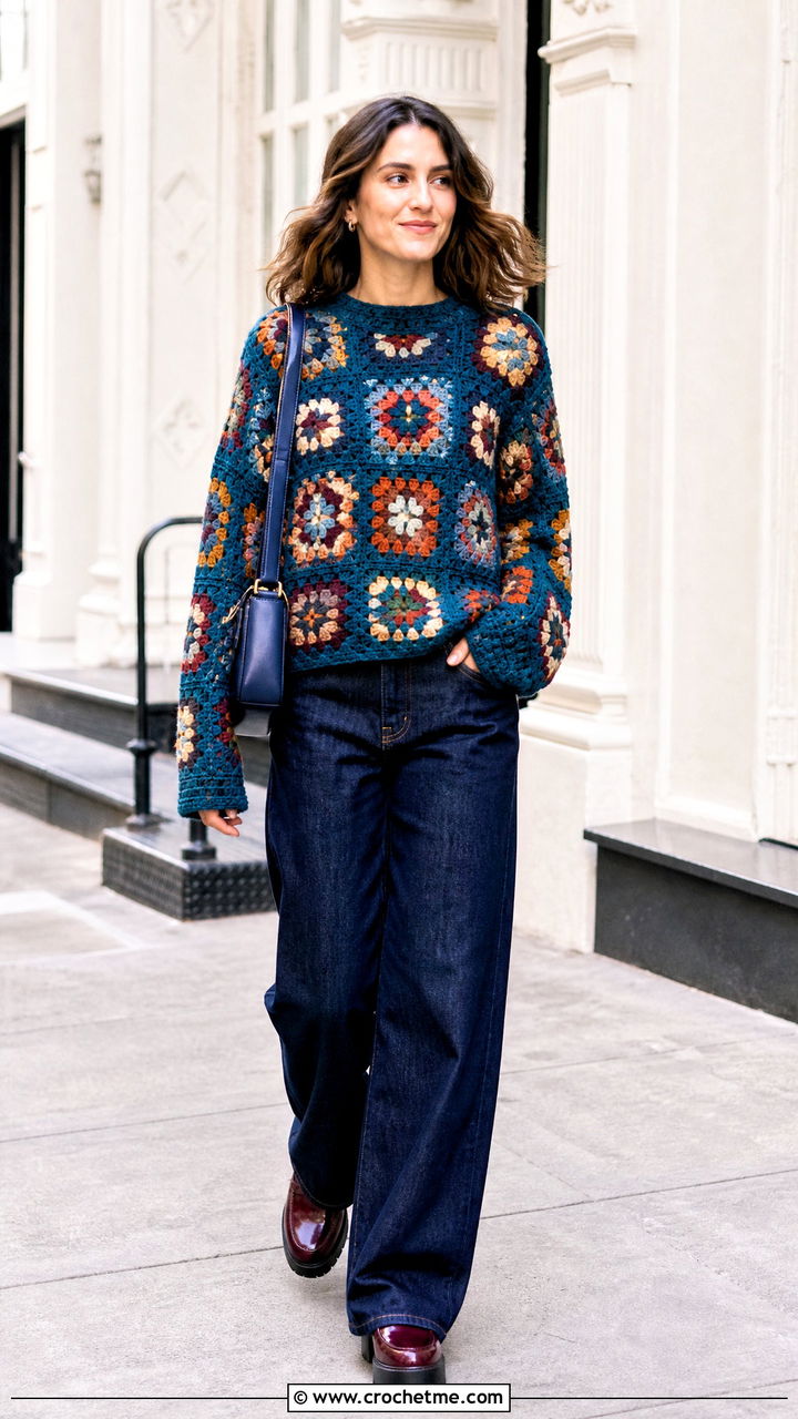Granny Square Crochet Sweater With Wide Leg Jeans - 35 easy crochet sweater outfit ideas