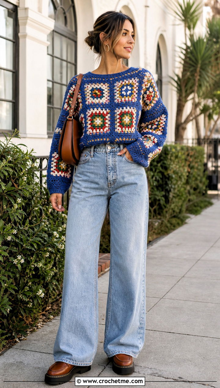Granny Square Crochet Sweater With Wide Leg Jeans - 25 Boho Crochet Sweater outfit ideas