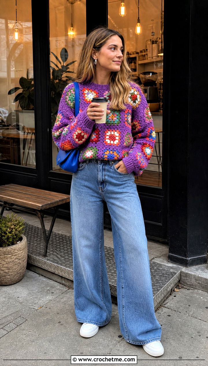 Granny Square Crochet Sweater With Wide Leg Jeans - 25 handmade crochet sweater outfit ideas
