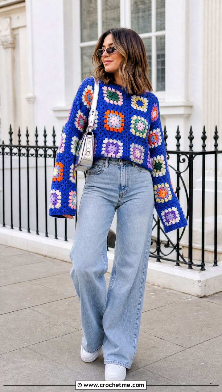 Granny Square Crochet Sweater With Wide Leg Jeans - 25 vintage crochet sweater outfit ideas