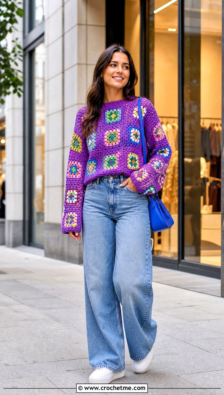Granny Square Crochet Sweater With Wide Leg Jeans - 15 Anthropologie Crochet Sweater outfit ideas