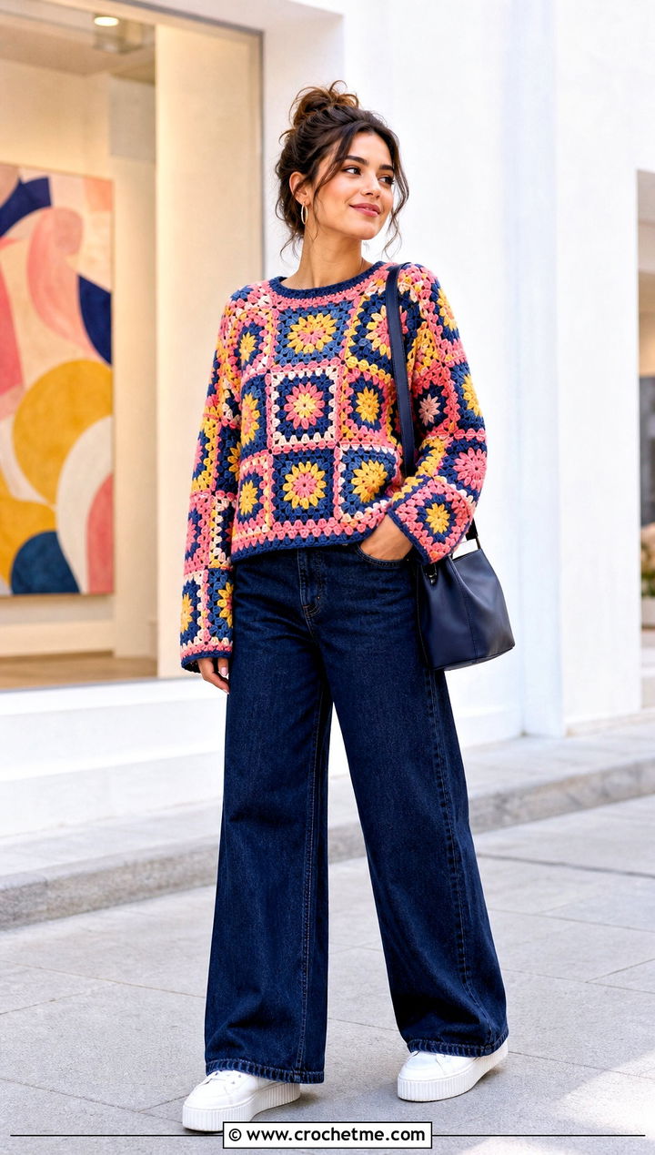 Granny Square Crochet Sweater With Wide Leg Jeans - 30 cozy crochet sweater outfit ideas