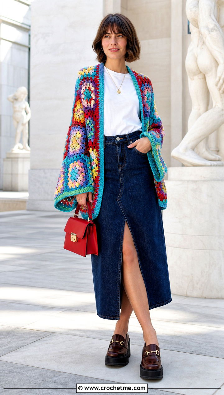 Granny Square Crochet Sweater Wrap With Denim Skirt - 30 crochet sweater wrap outfit ideas