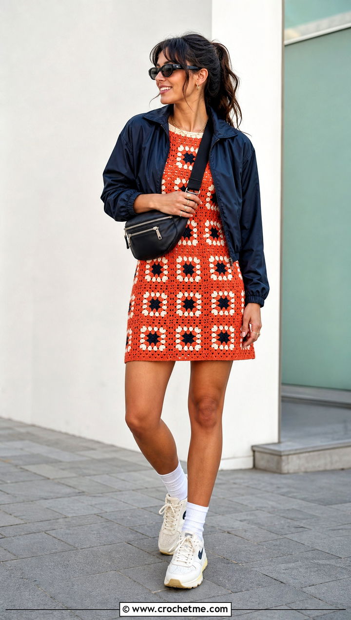 Granny Square Crochet T Shirt Dress With Windbreaker - 25 Granny Square Crochet Dress outfit ideas