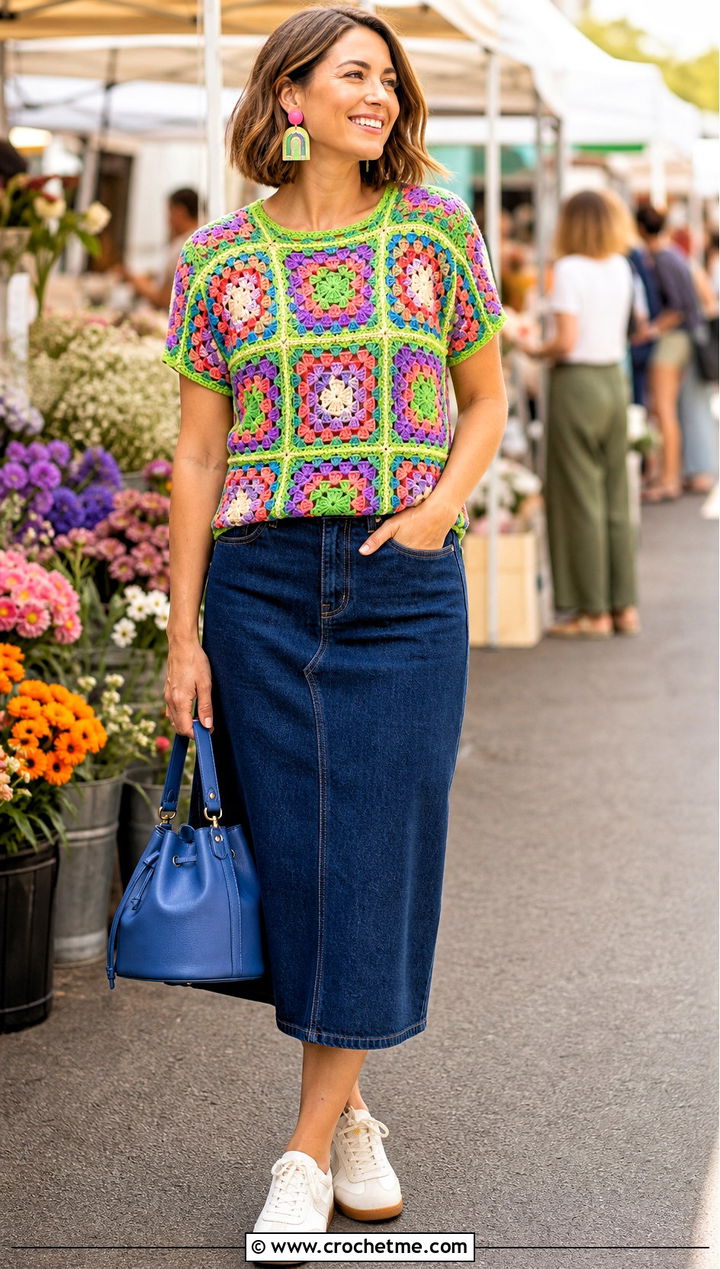 Granny Square Crochet T Shirt With Denim Midi Skirt - 35 crochet t shirt outfit ideas