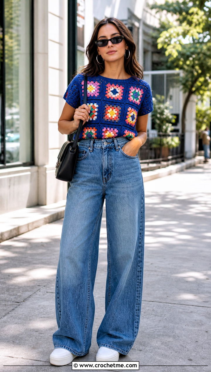 Granny Square Crochet T Shirt With Wide Leg Jeans - 30 crochet t shirts outfit ideas