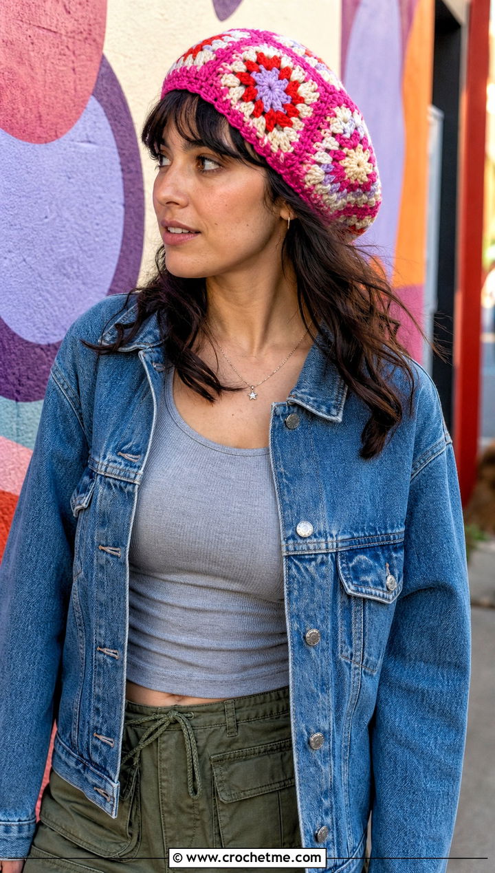 Granny Square Crochet Tam With Denim Jacket And Cargo Skirt - 20 flat crochet hat outfit ideas