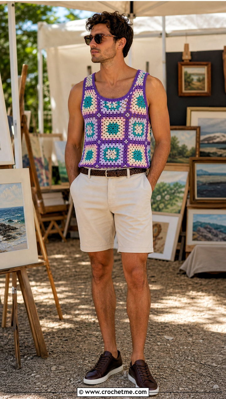 Granny Square Crochet Tank Top With Chino Shorts - 25 crochet mens tank top outfit ideas