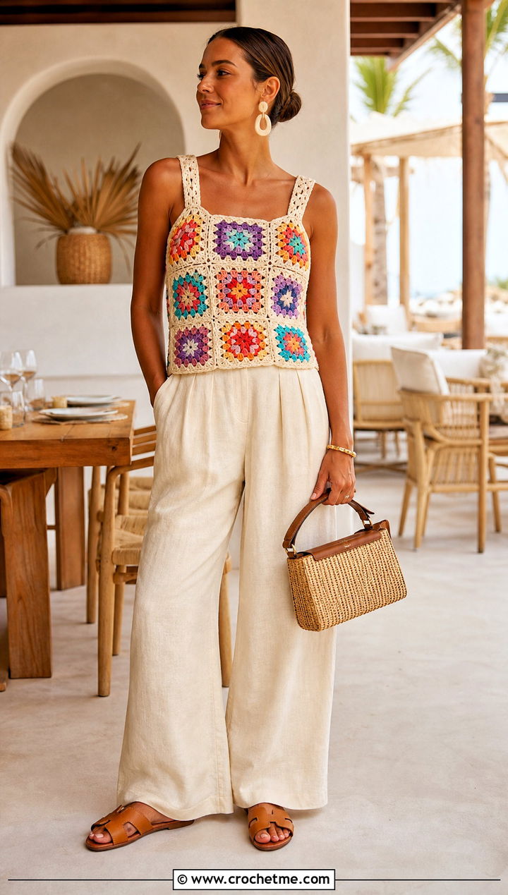 Granny Square Crochet Tank Top With Linen Pants - 25 Crochet Top Small Chest outfit ideas