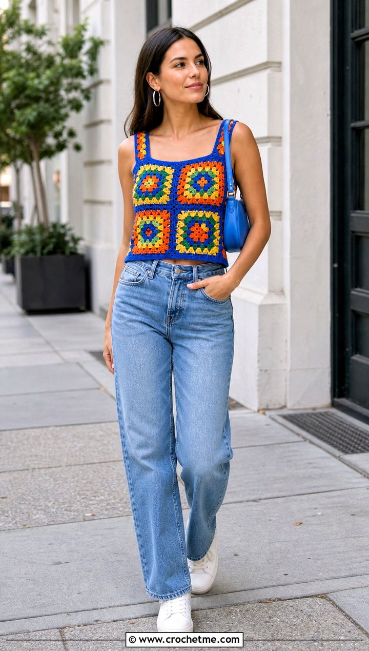 Granny Square Crochet Tank Top With Straight Leg Jeans - 25 Quick Crochet Tank Top outfit ideas