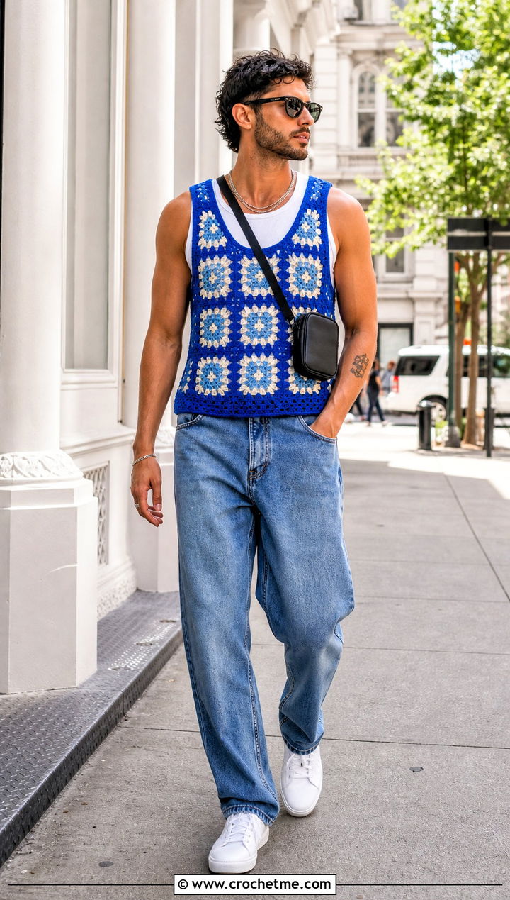 Granny Square Crochet Tank Top With Straight Leg Jeans - 30 Mens Crochet Tank Top outfit ideas