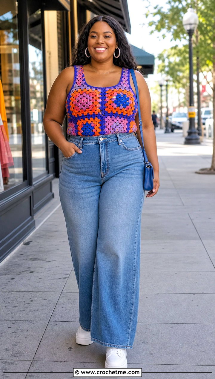 Granny Square Crochet Tank Top With Wide Leg Jeans - 15 diy crochet tank top outfit ideas