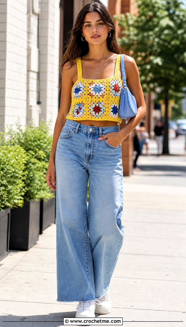 Granny Square Crochet Tank Top With Wide Leg Jeans - 20 crochet tank tops aesthetic outfit ideas