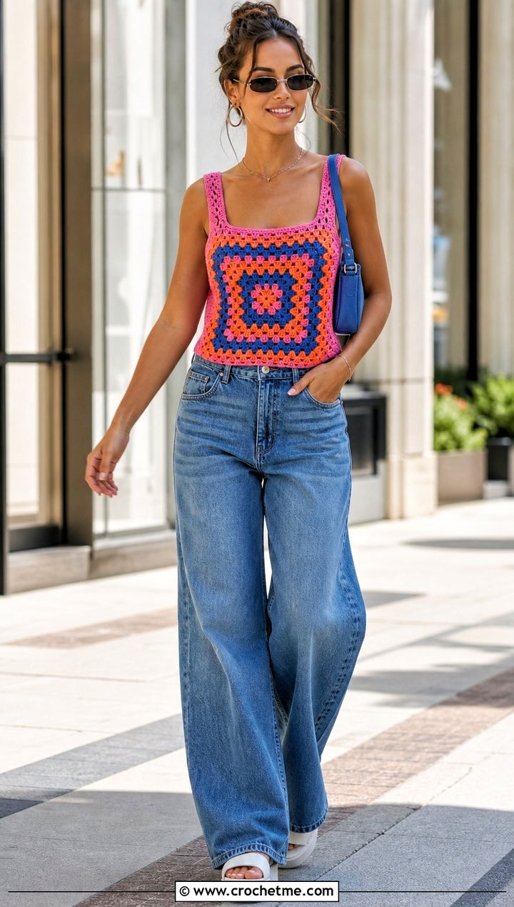 Granny Square Crochet Tank Top With Wide Leg Jeans - 20 Crochet Top Outfit Summer Aesthetic outfit ideas