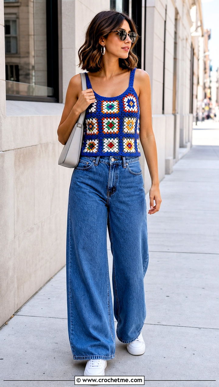 Granny Square Crochet Tank Top With Wide Leg Jeans - 20 Etsy Crochet Top outfit ideas