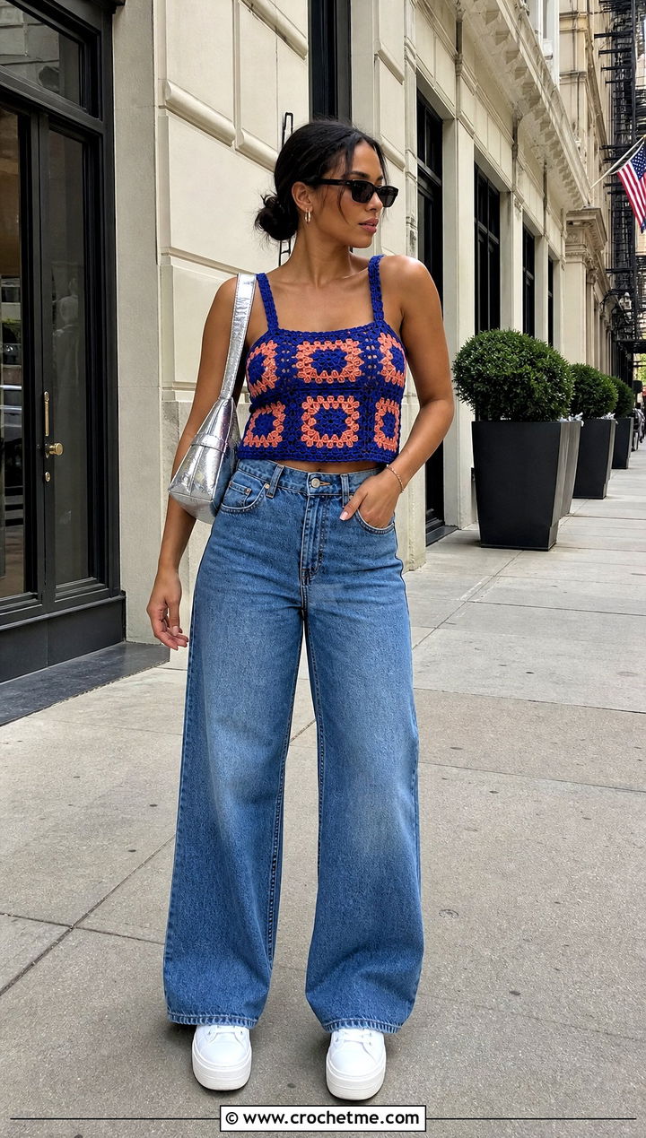 Granny Square Crochet Tank Top With Wide Leg Jeans - 35 crochet womens tops outfit ideas