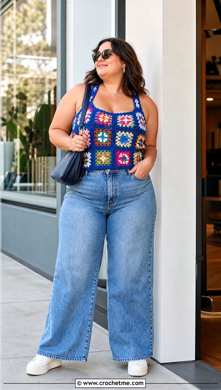 Granny Square Crochet Tank Top With Wide Leg Jeans - 25 plus size crochet tank top outfit ideas