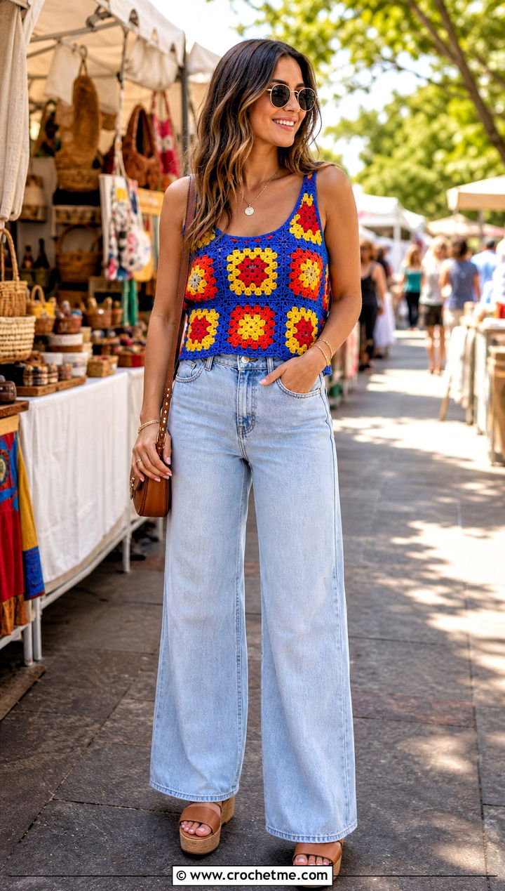 Granny Square Crochet Tank Top With Wide Leg Jeans - 30 crochet summer top for women outfit ideas