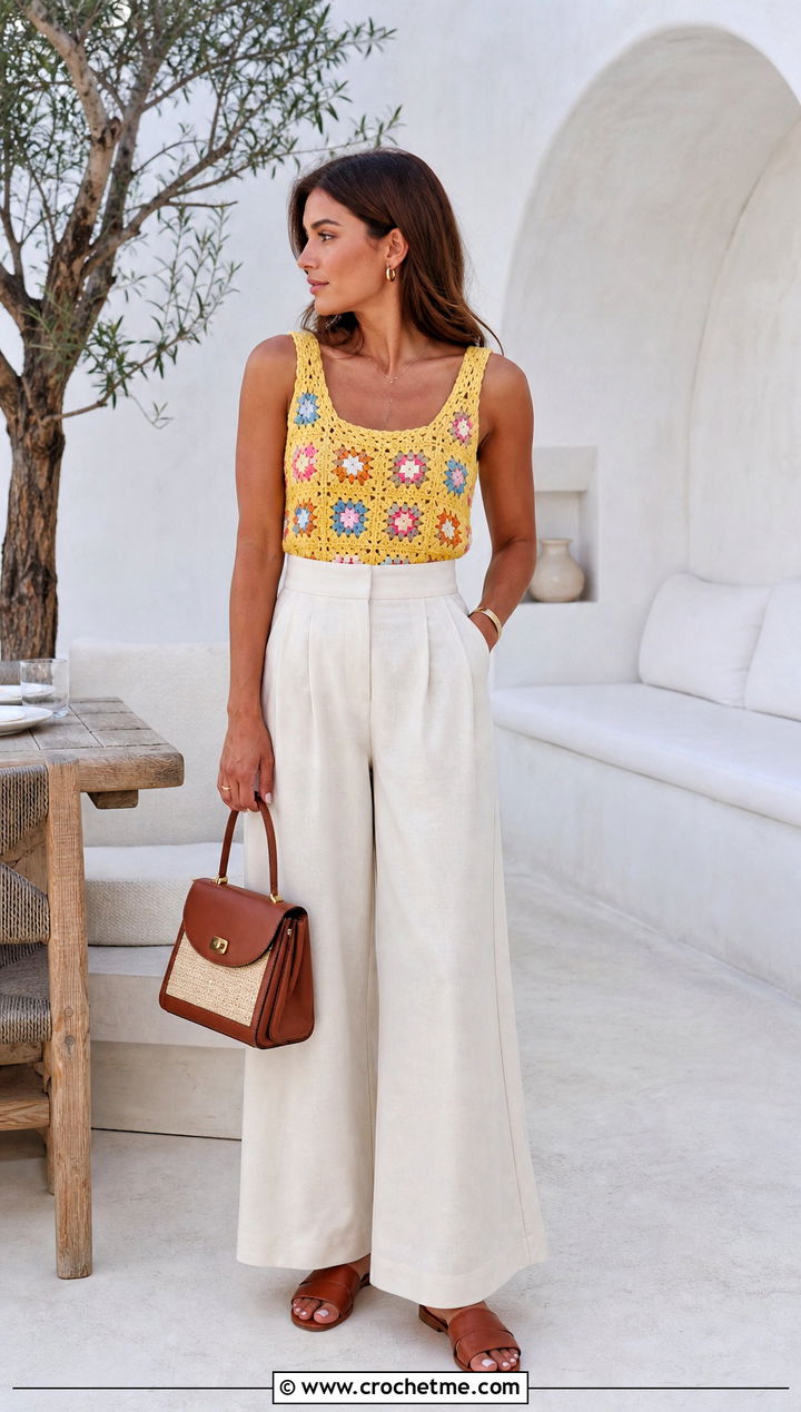 Granny Square Crochet Tank Top With Wide Leg Trousers - 25 Easy Clothes To Crochet For Beginners outfit ideas