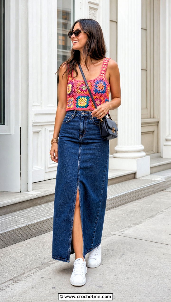 Granny Square Crochet Tank With Denim Maxi Skirt - 25 easy crochet summer tops for beginners outfit ideas